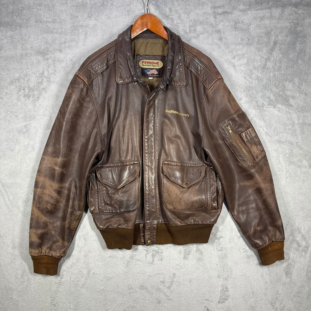VTG 90's Perrone Flight Jacket Mens 44 Brown Distressed Leather Raytheon USA
